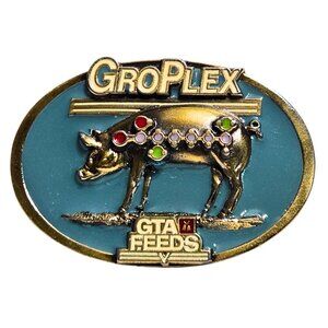 Vtg NOS GTA Feeds Belt Buckle GroPlex Pig Swine Hog Collector Farmer Un-Used